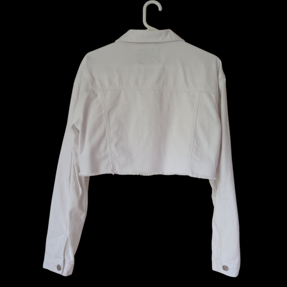 Refuge Distressed Ripped Frayed Hem Denim Button Cropped Jean Jacket LARGE White - Picture 11 of 16